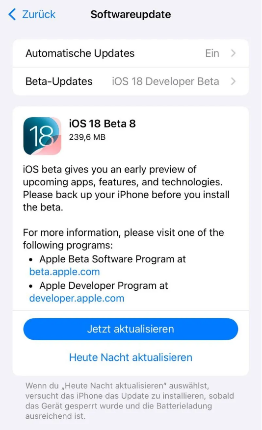 柘荣苹果手机维修分享苹果 iOS / iPadOS 18 开发者预览版 Beta 8 发布 